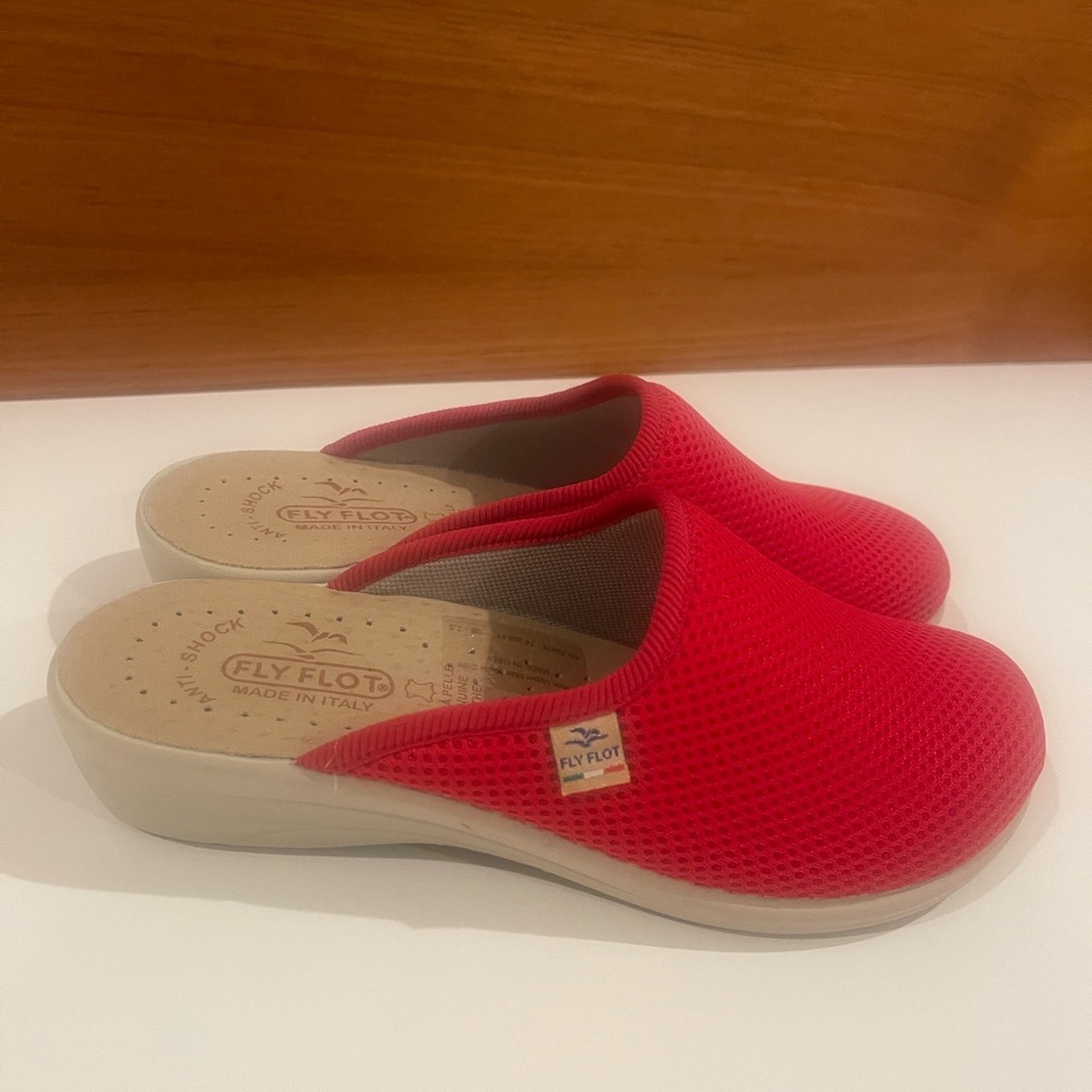 Fly Flot Anatomic Red Mesh Slide Wedge Comfort Casual Sandals Clogs Slip On